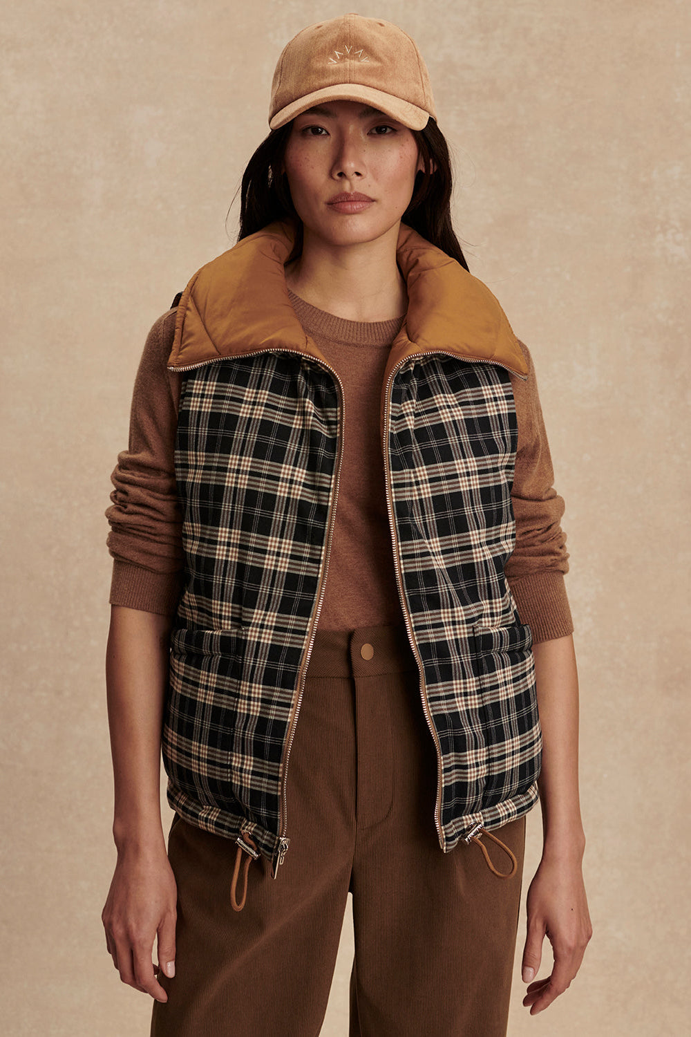 Miya Reversible Gilet- Golden Bronze/ Navy Check