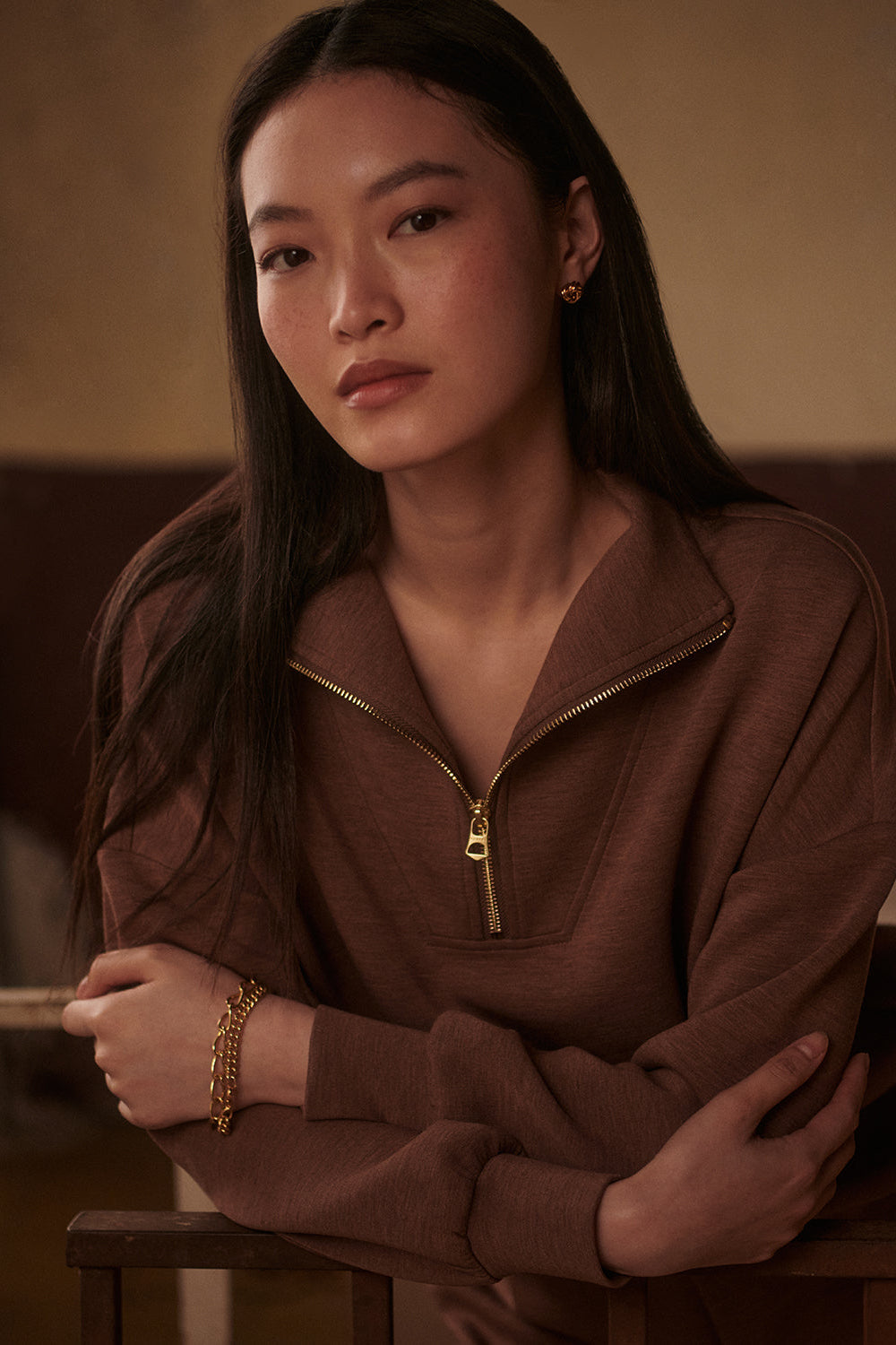 Hawley Half Zip Sweatshirt- Golden Bronze Marl