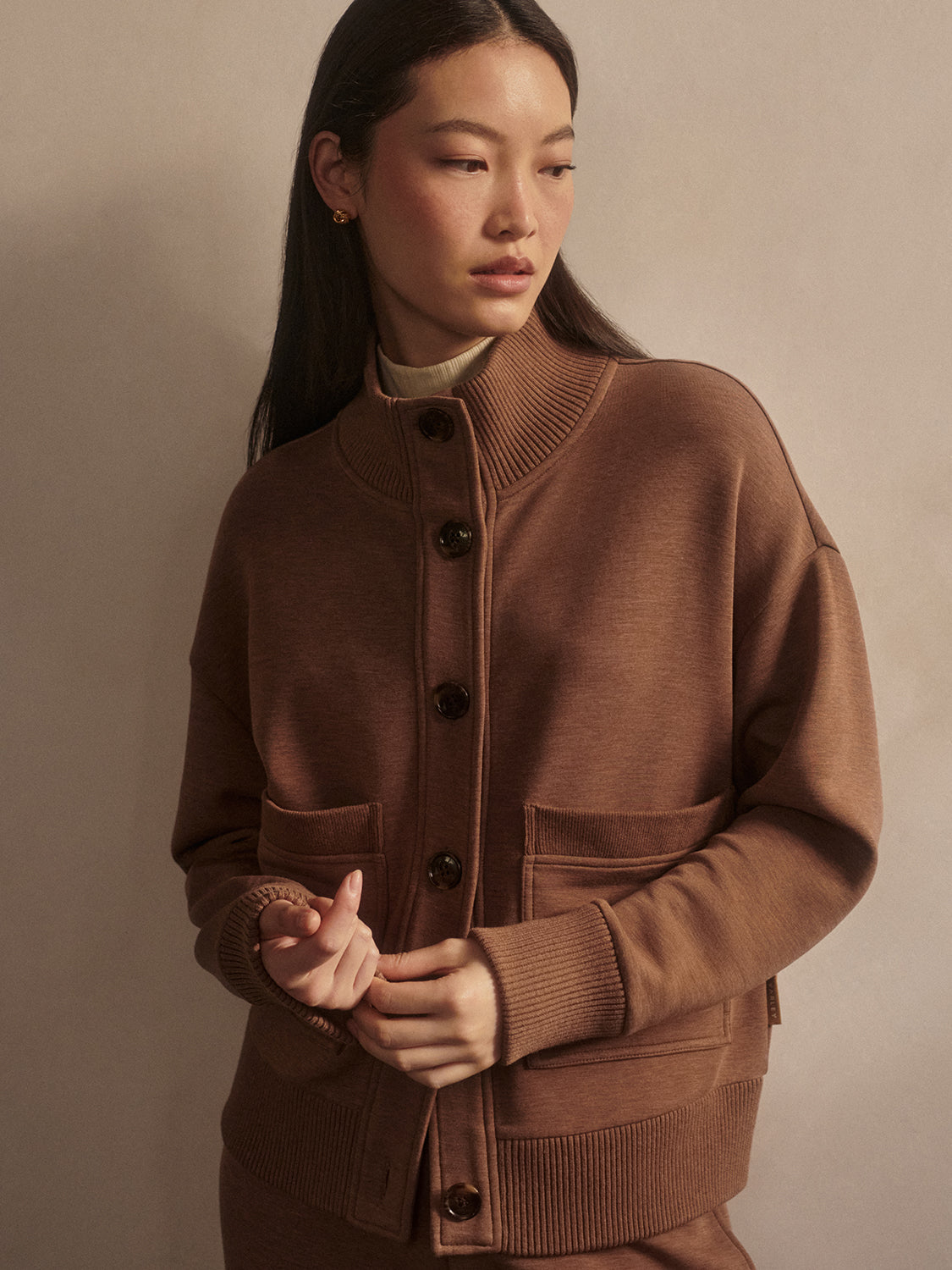 Sabrina Button Through Sweatshirt- Golden Bronze Marl