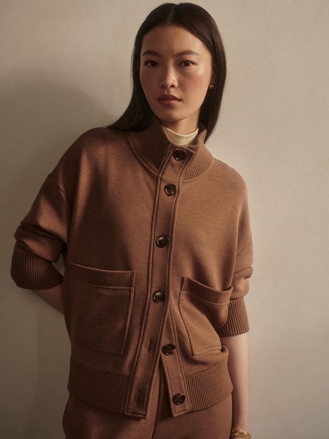 Sabrina Button Through Sweatshirt- Golden Bronze Marl