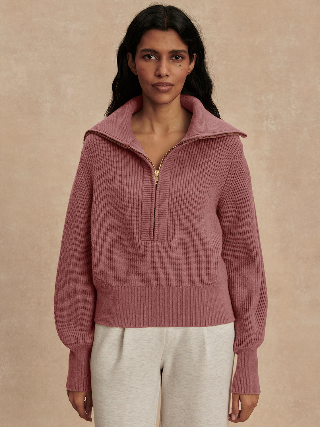 Maura Half Zip Rib Knit- Wistful Mauve