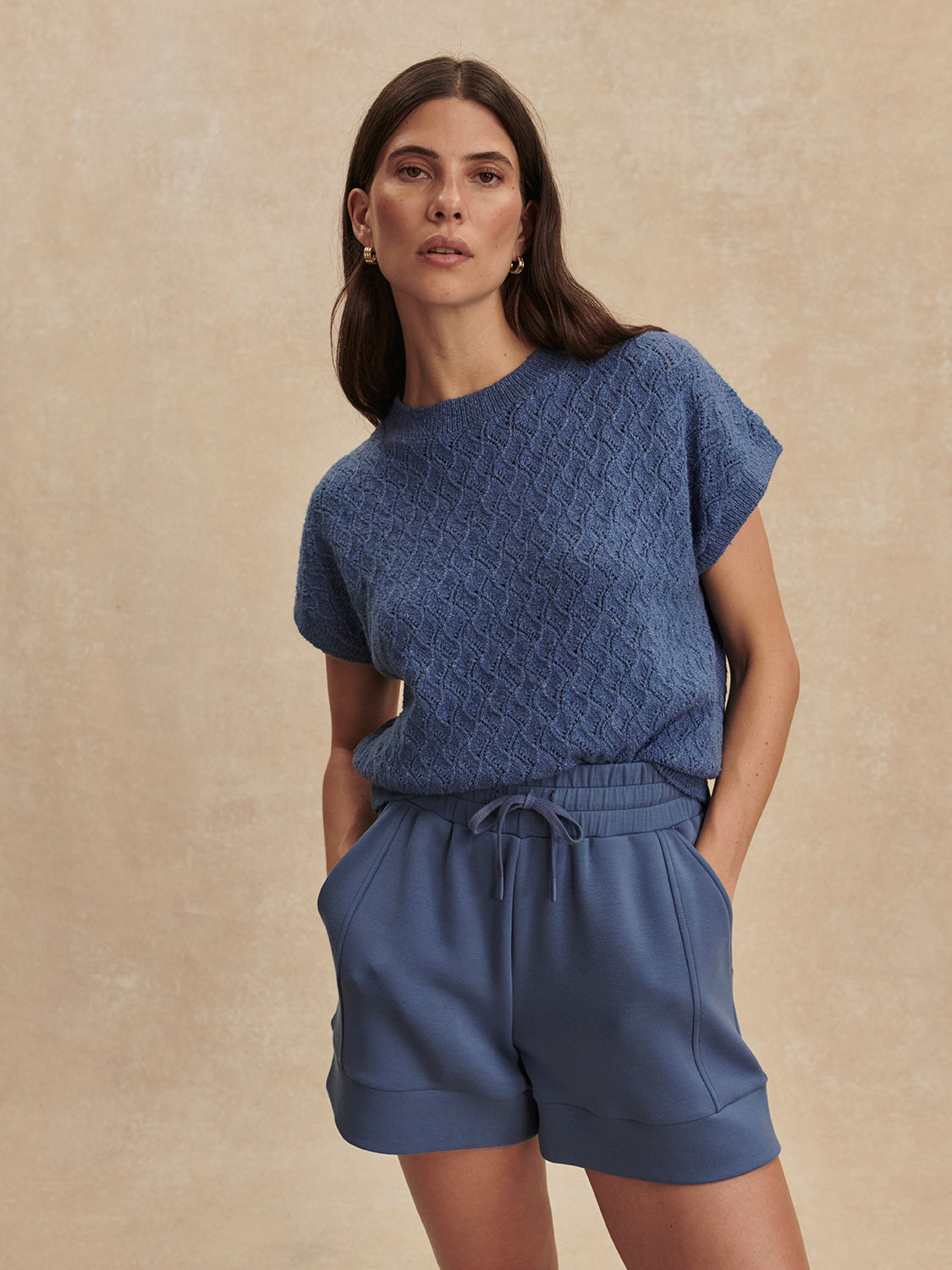 Manae Pointelle Knit Top- Bijou Blue