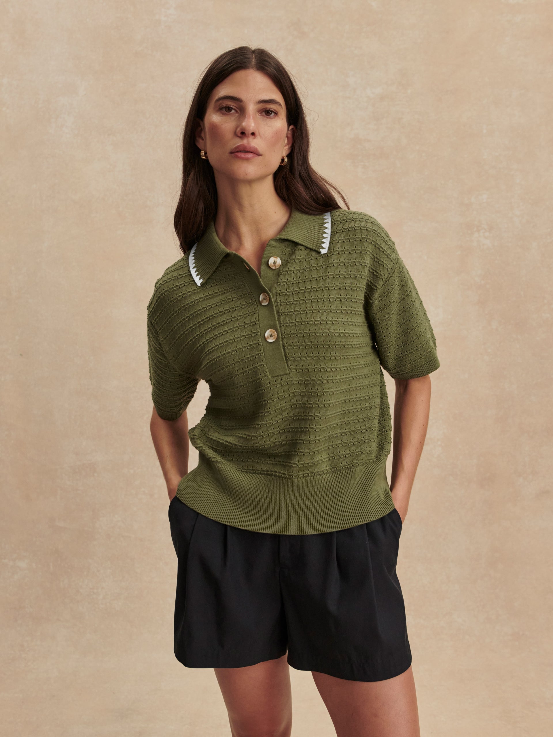 Guilia Polo Knit Top- Olivine