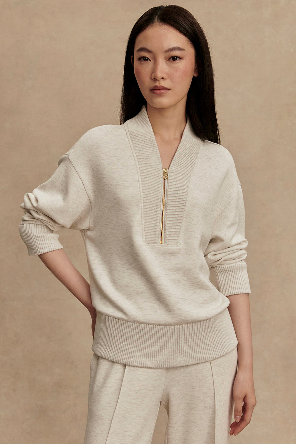 Sally Half Zip Sweatshirt- Ivory Marl