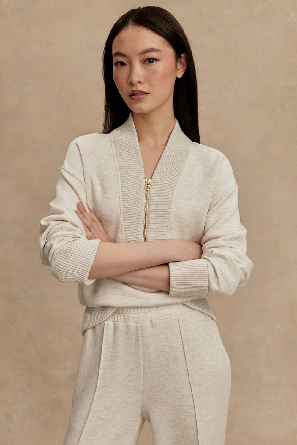 Sally Half Zip Sweatshirt- Ivory Marl