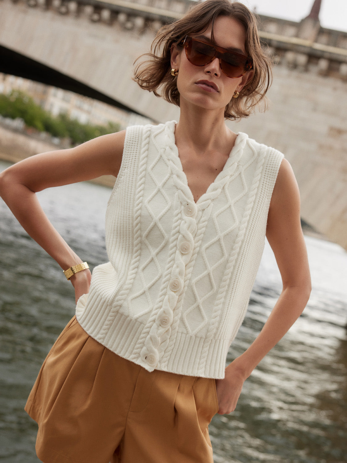 Tatyana Cable Knit Vest- Egret