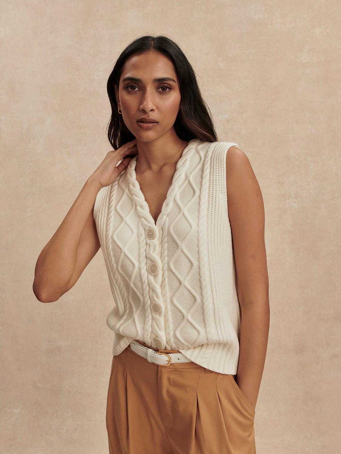 Tatyana Cable Knit Vest- Egret