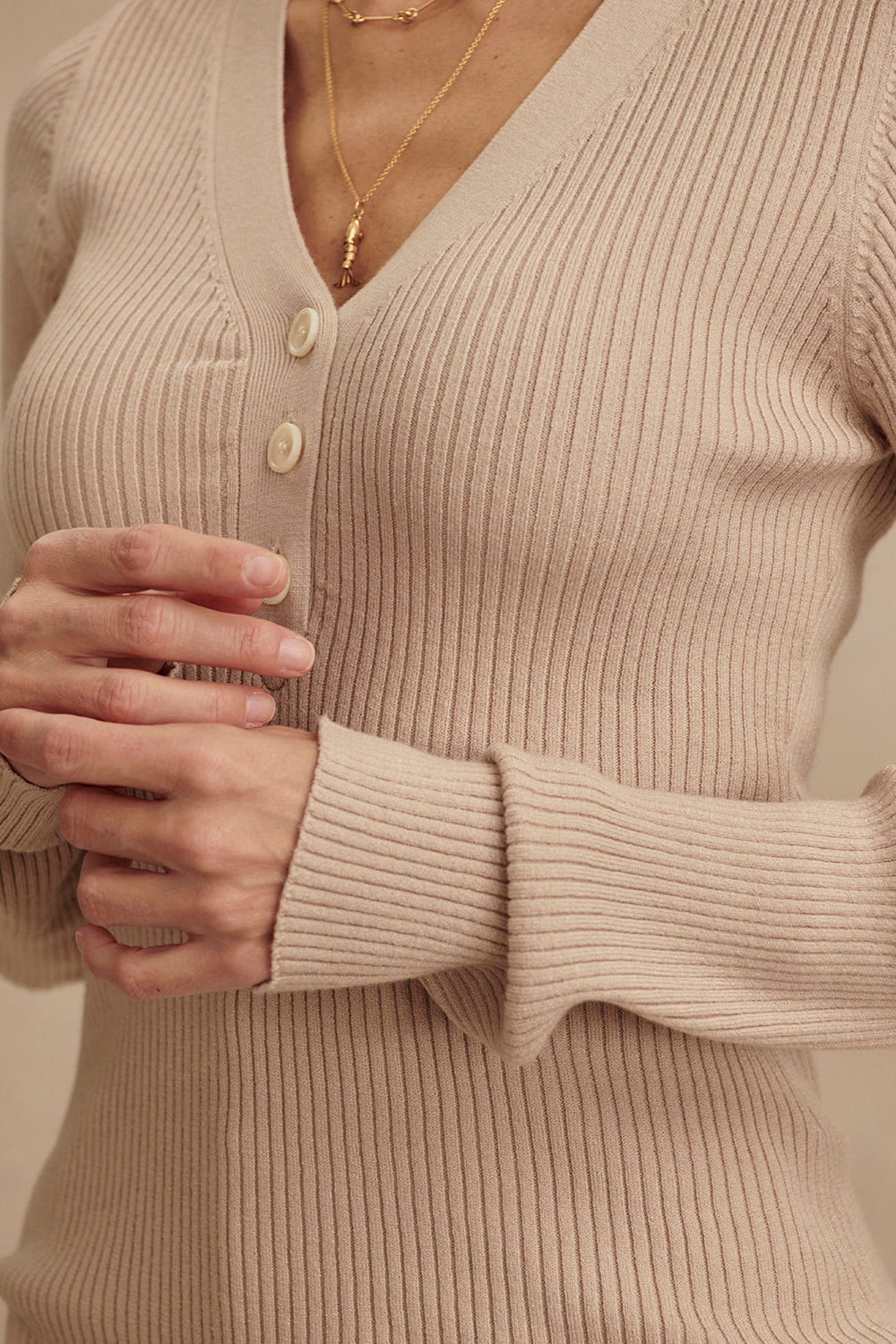 Blanca V-Neck Rib Knit Top- Cement