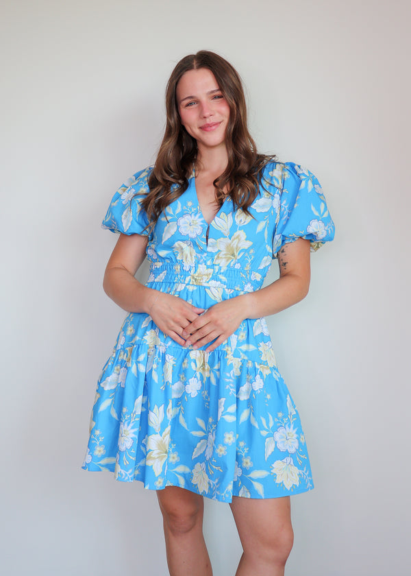 Zinnia Mini Dress-—Blue Floral**FINAL SALE**