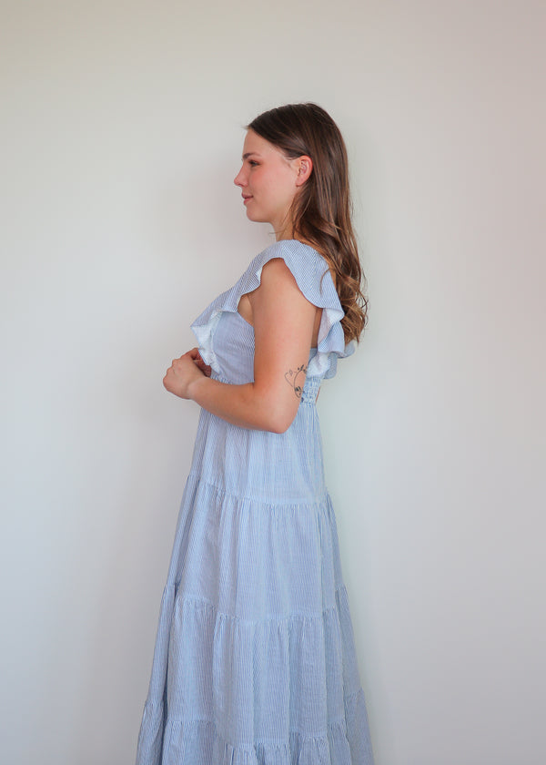 Aries Tiered Midi Dress—Blue/White