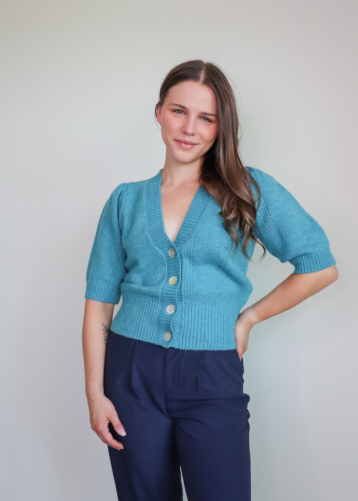 Inez Short Puff Sleeve Cardigan—Teal