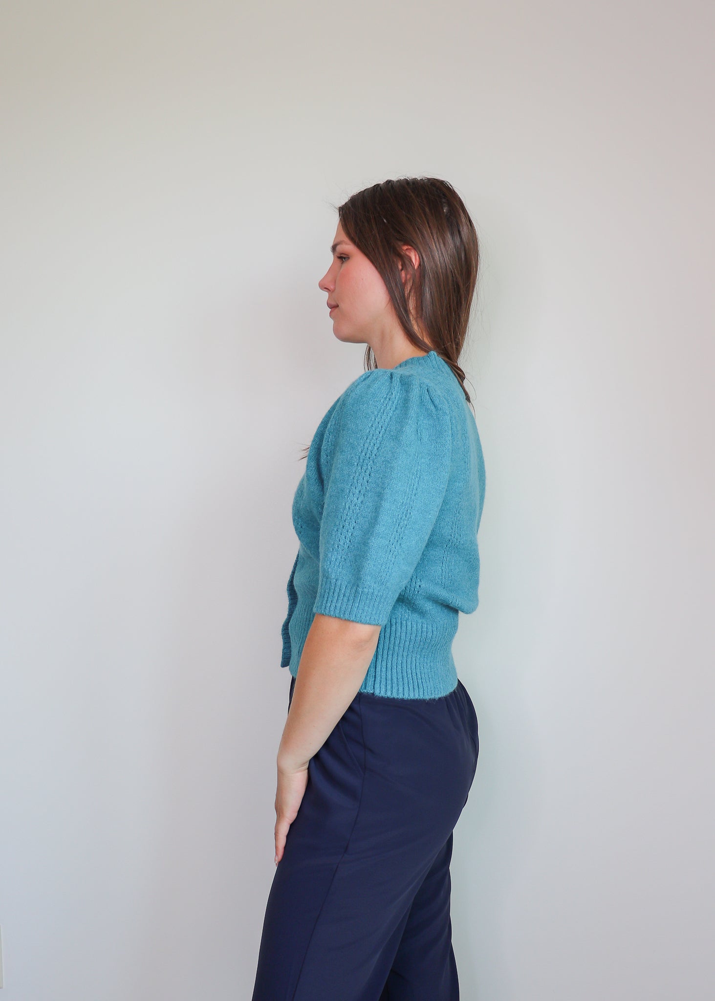 Inez Short Puff Sleeve Cardigan—Teal