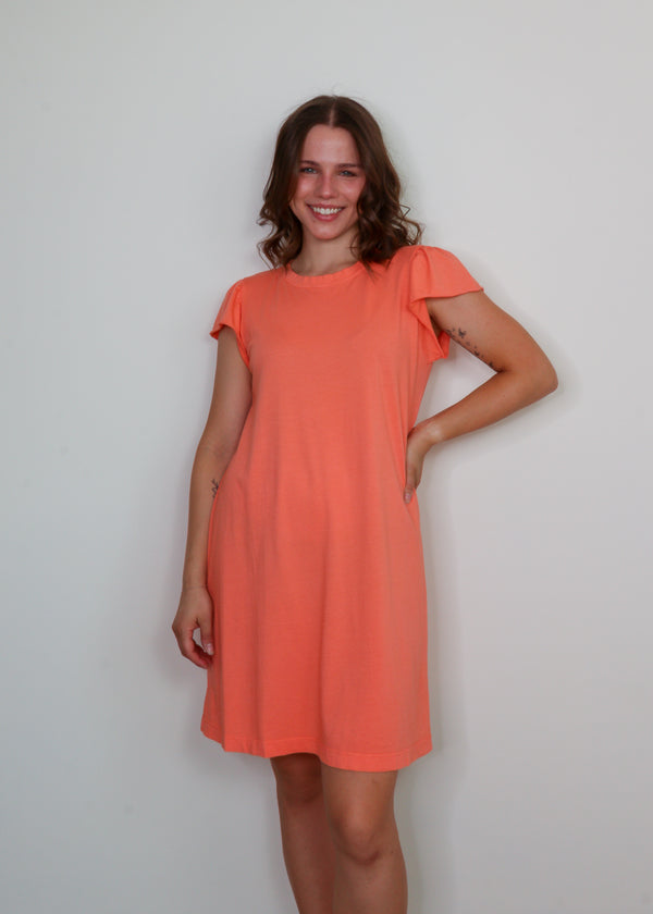 Dena Cotton Flutter Sleeve T-Shirt Dress- Peach