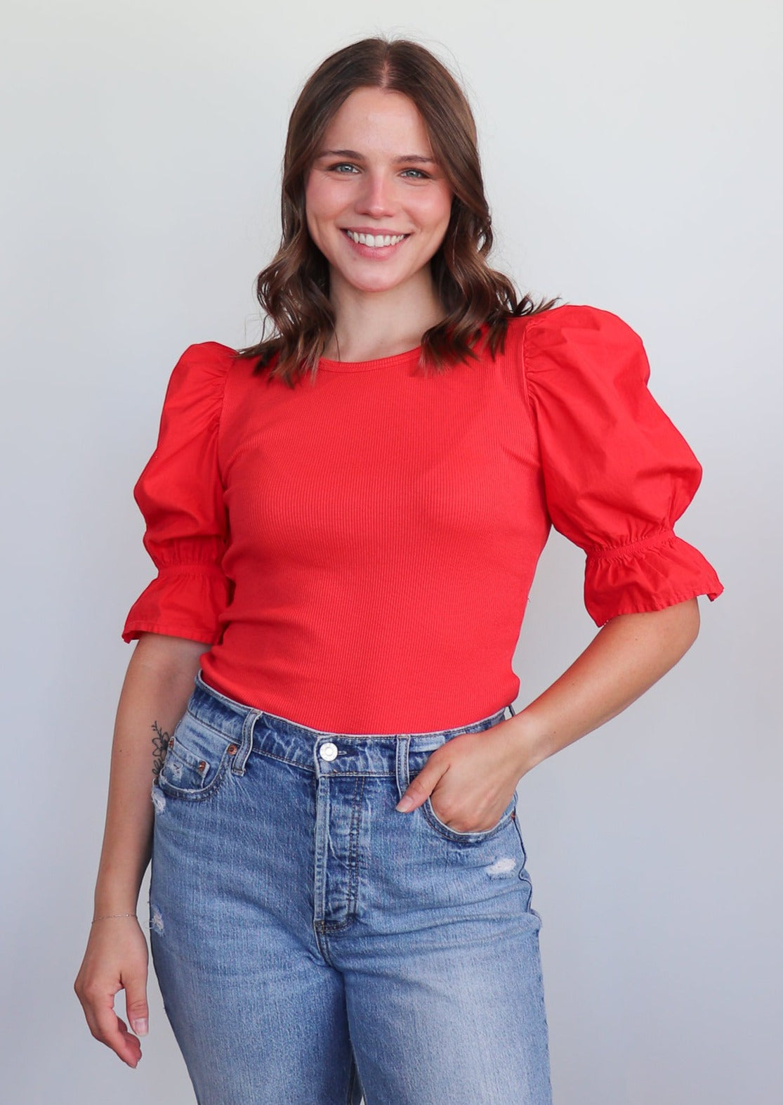 Kenzie Flounce Sleeve Tee—Golden Gate Red **FINAL SALE**