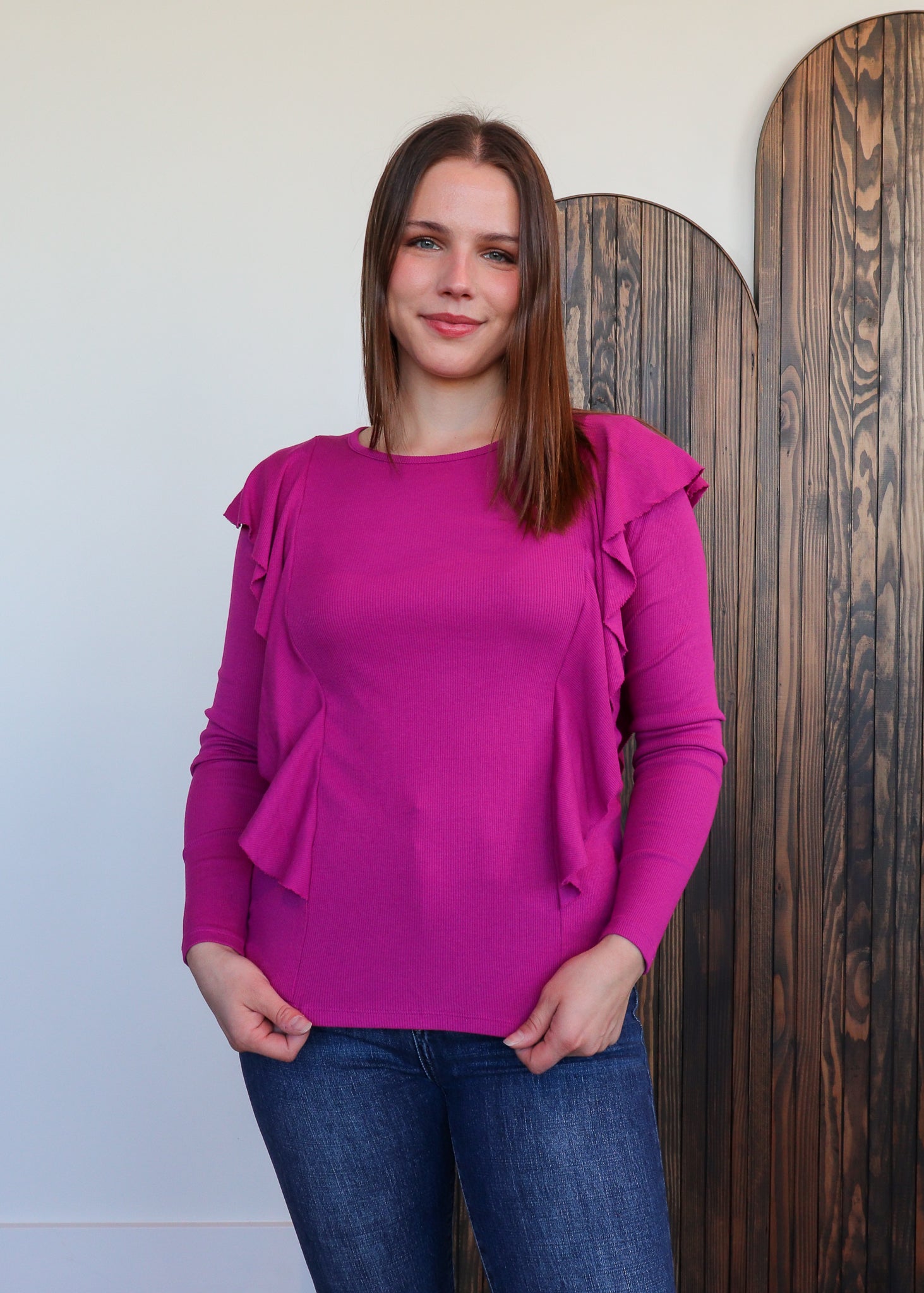 Ruffle Detail Long Sleeve Tee—Mixed Berry