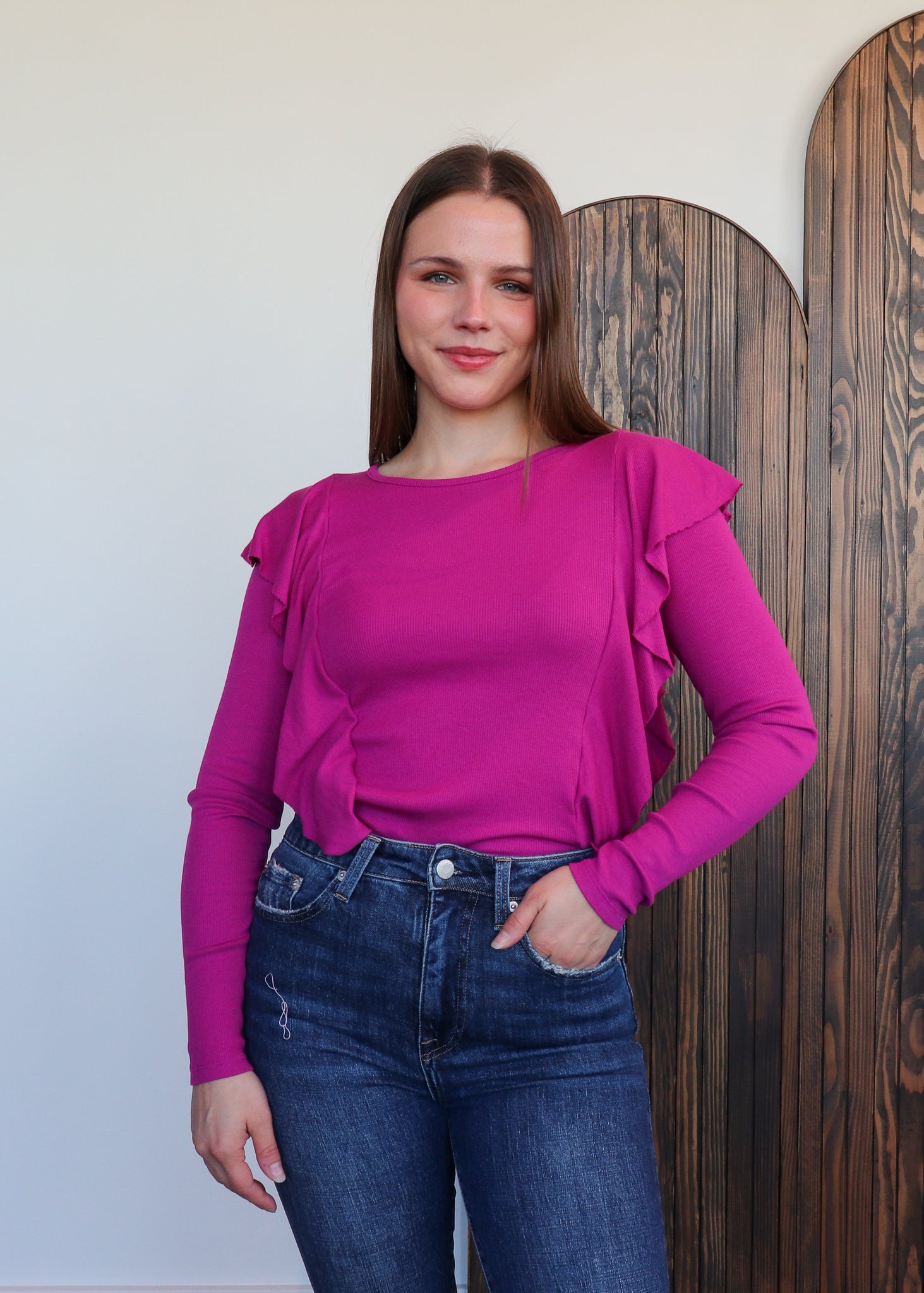 Ruffle Detail Long Sleeve Tee—Mixed Berry
