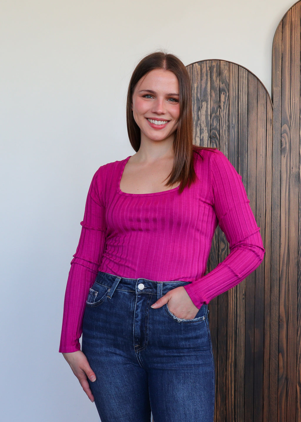 Square Neck Long Sleeve Top—Mixed Berry