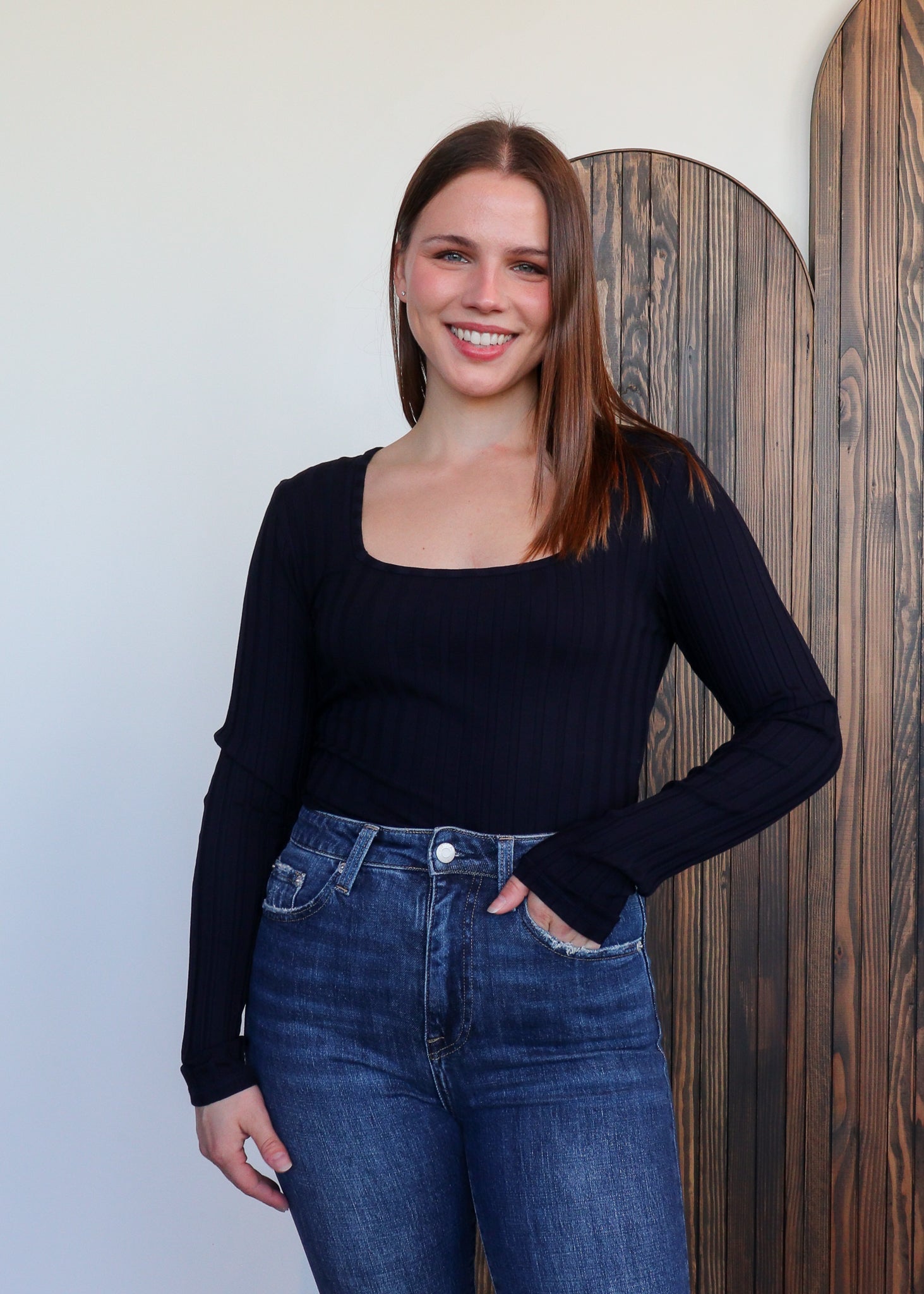 Squareneck Long Sleeve Top—Dark Navy