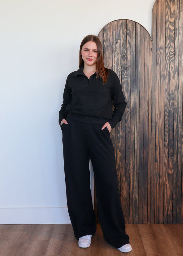 Wide Leg Pleated Pant—Muted Black