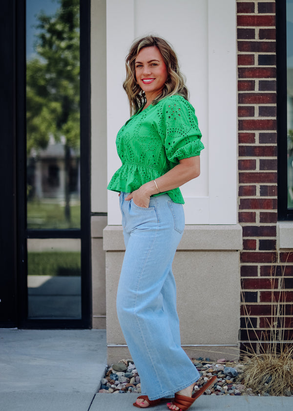 Eyelet Button Front Blouse—Jelly Bean Green