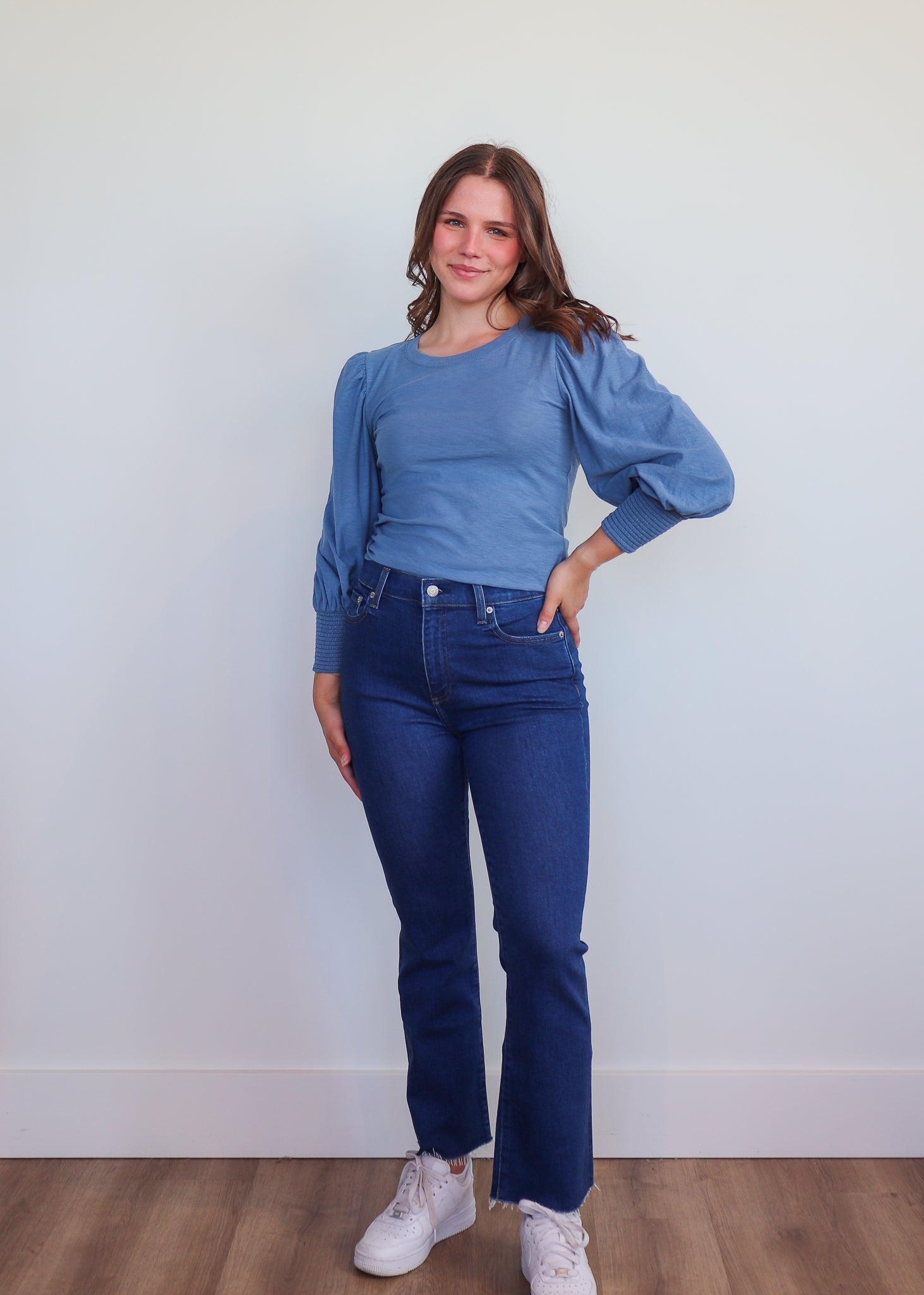 Loren Smocked Peasant Tee—Carolina Blue