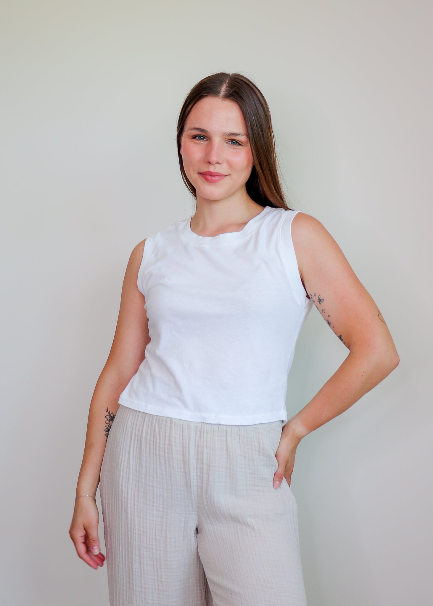 Johnnie Cropped Crew Neck Tank—White