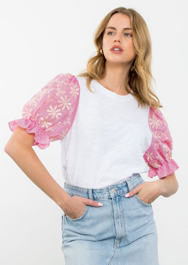 Embroidered Sleeve Top- White/Pink