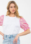 Embroidered Sleeve Top- White/Pink