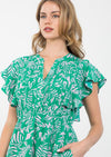 Flutter Sleeve Tiered Midi Dress- Green/Pink