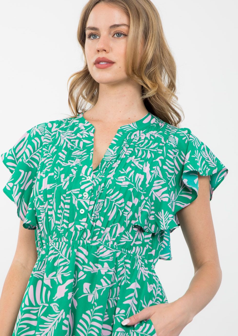 Flutter Sleeve Tiered Midi Dress- Green/Pink
