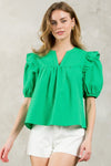 Puff Sleeve Textured V-Neck Top- Green