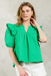 Puff Sleeve Textured V-Neck Top- Green