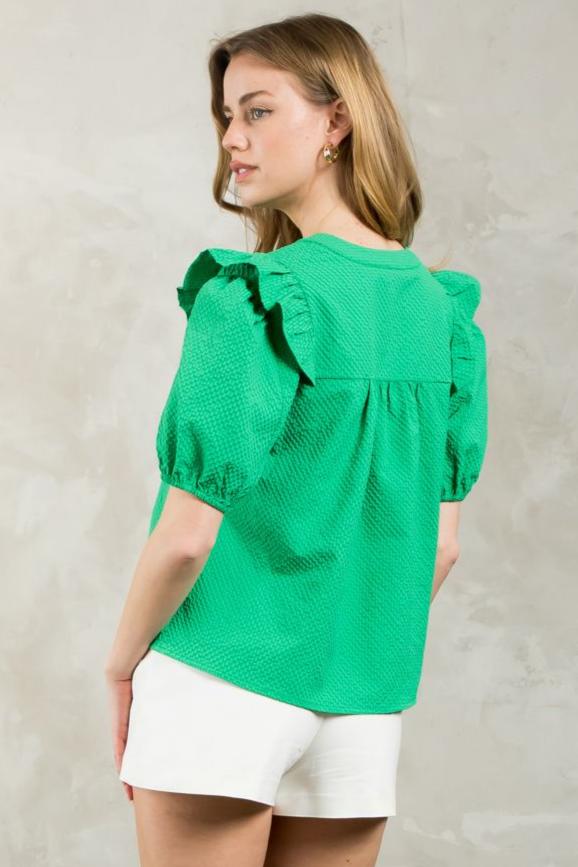 Puff Sleeve Textured V-Neck Top- Green