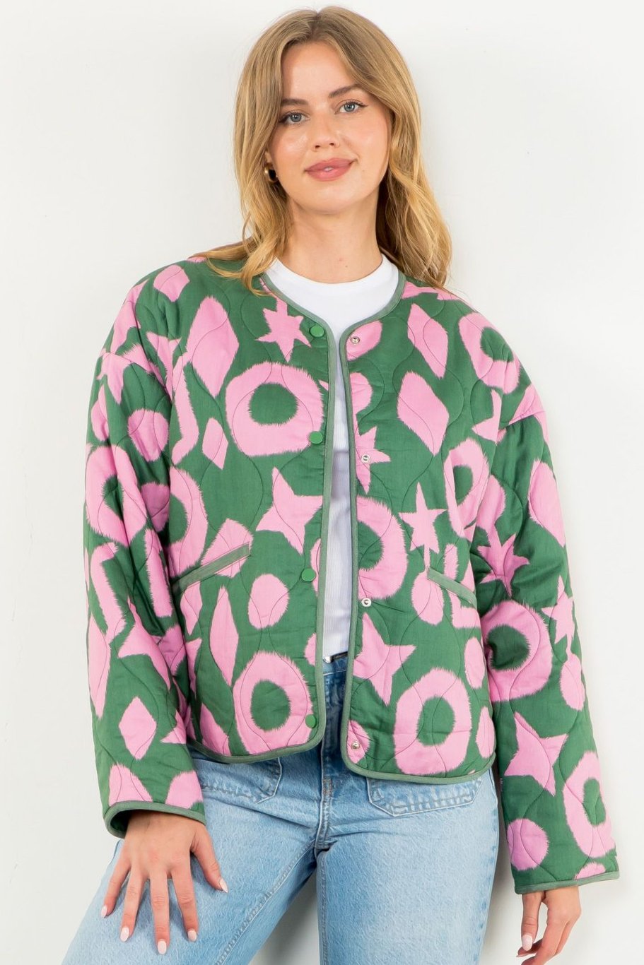 Quilted Print Jacket- Green/Pink