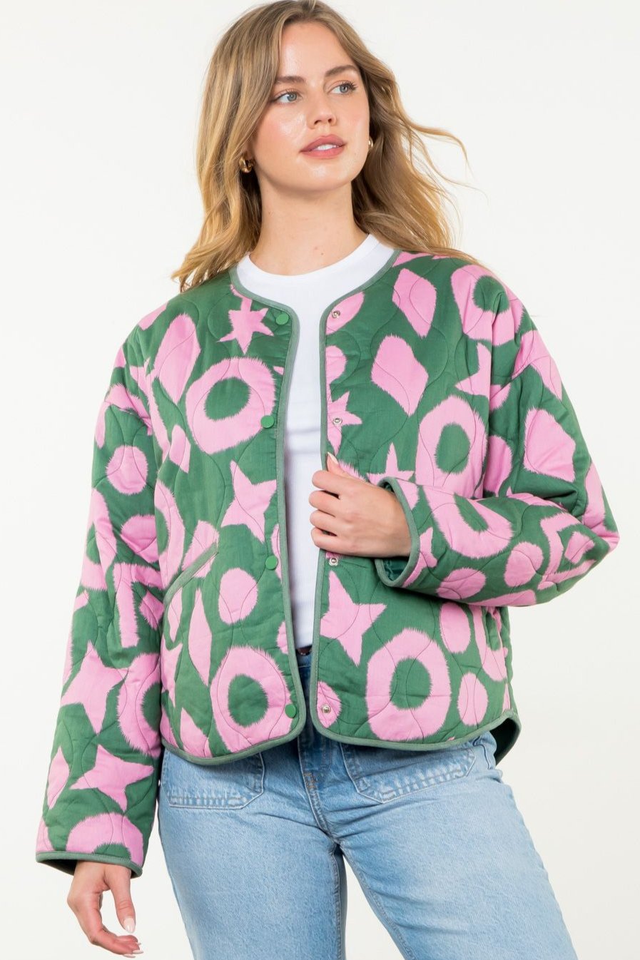 Quilted Print Jacket- Green/Pink