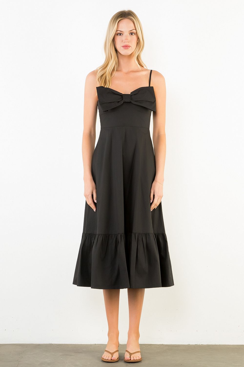 Thin Strip Midi Dress with Bow- Black