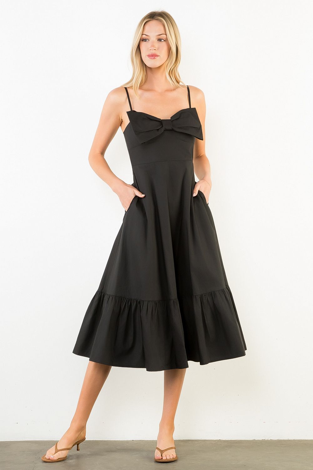 Thin Strip Midi Dress with Bow- Black