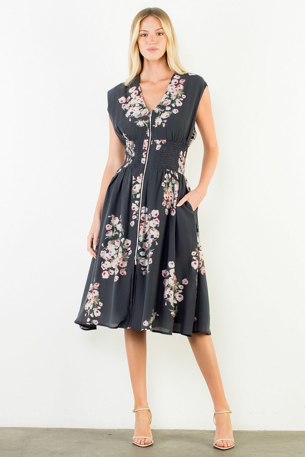 Sleeveless Floral Zipper Midi Dress - Black