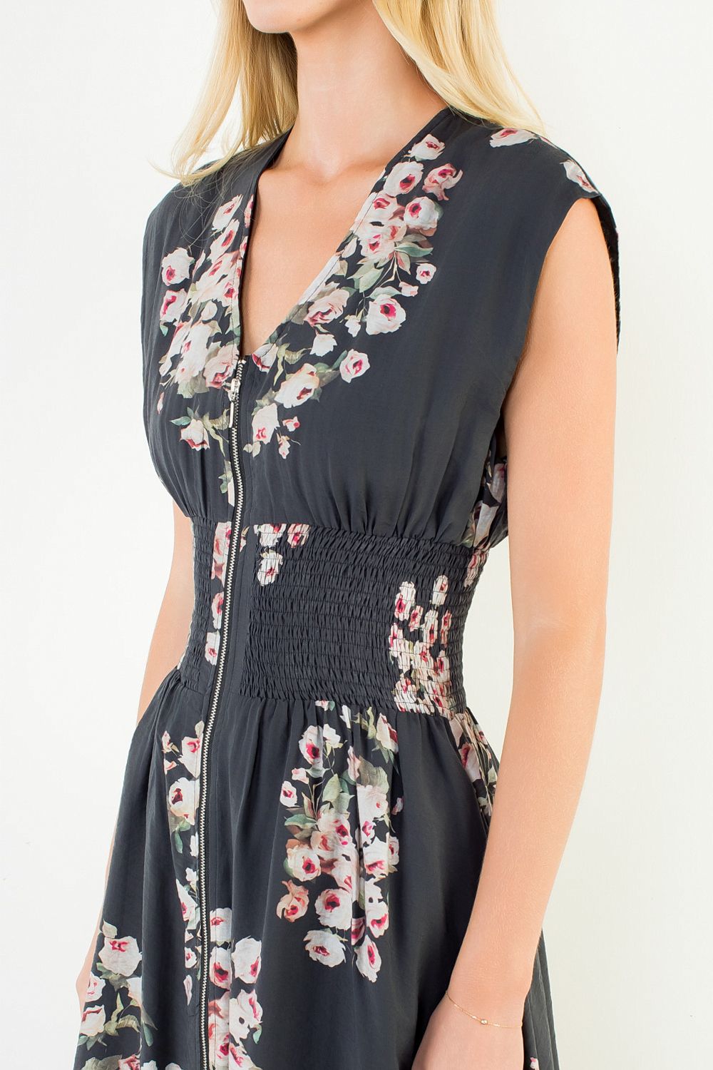 Sleeveless Floral Zipper Midi Dress - Black