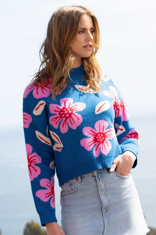 Flower Knit Sweater-Blue