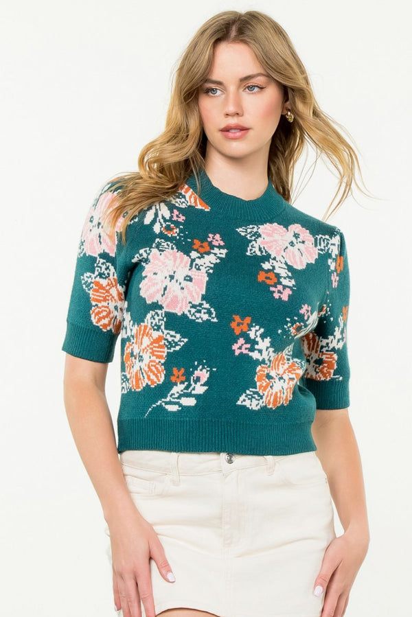 Short Sleeve Floral Knit Sweater—Teal