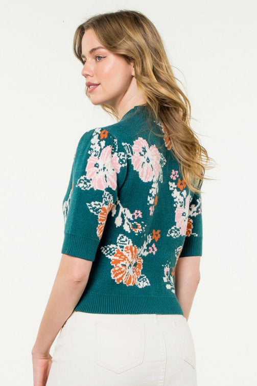 Short Sleeve Floral Knit Sweater—Teal