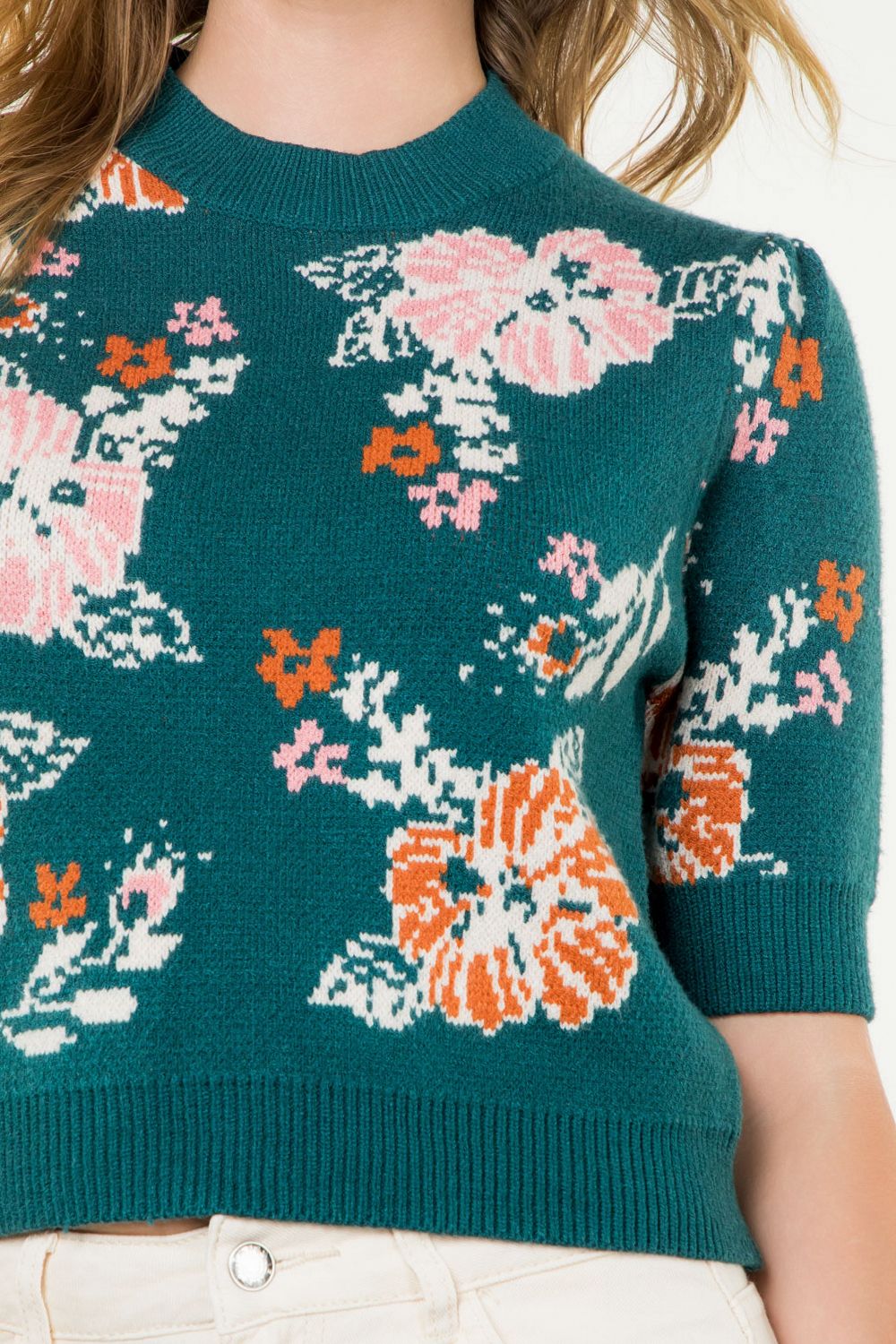 Short Sleeve Floral Knit Sweater—Teal