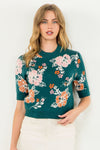 Short Sleeve Floral Knit Sweater—Teal