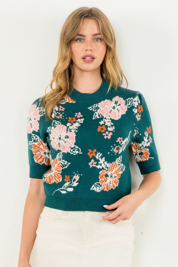 Short Sleeve Floral Knit Sweater—Teal