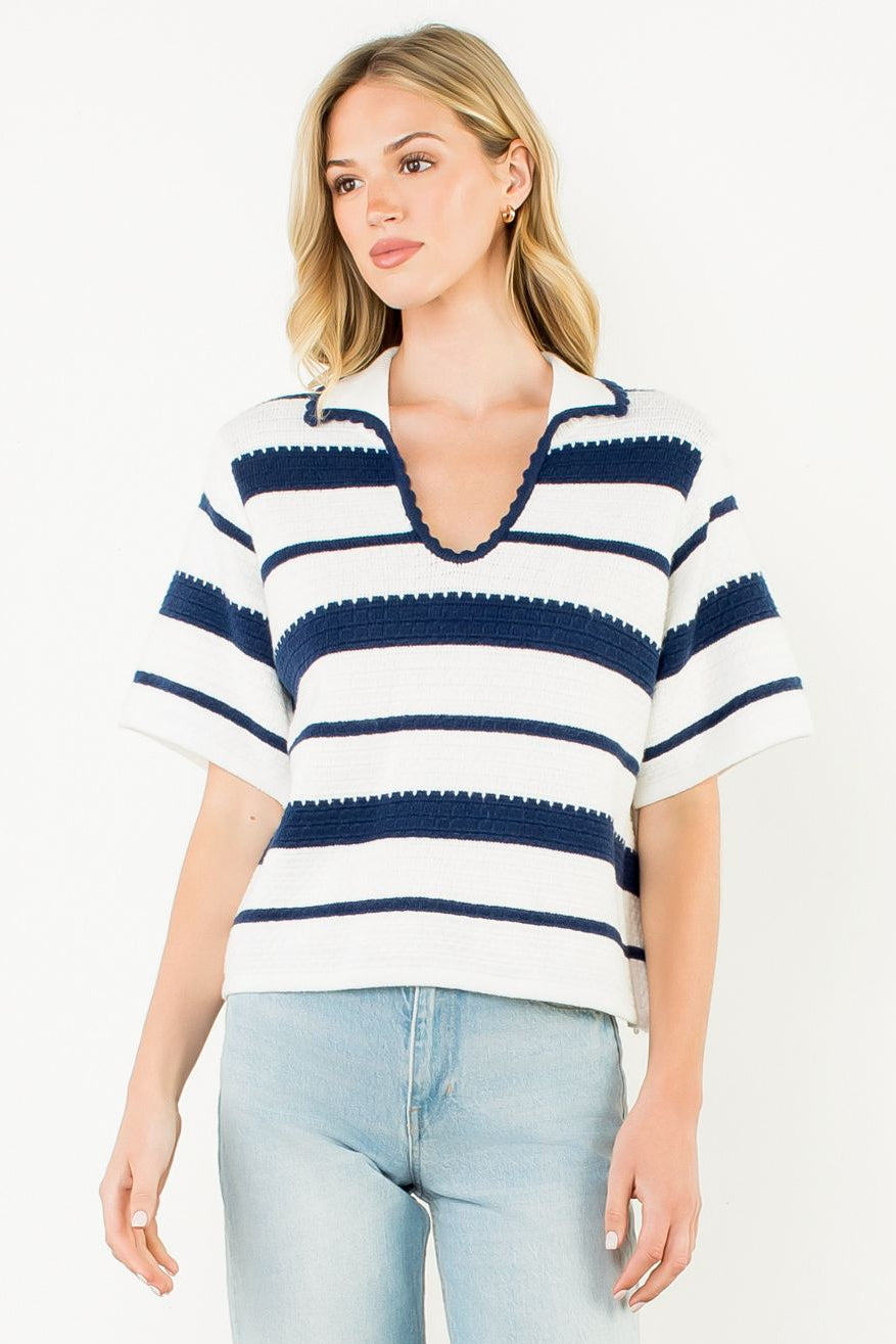 Stripe Polo Sweater- Navy/White