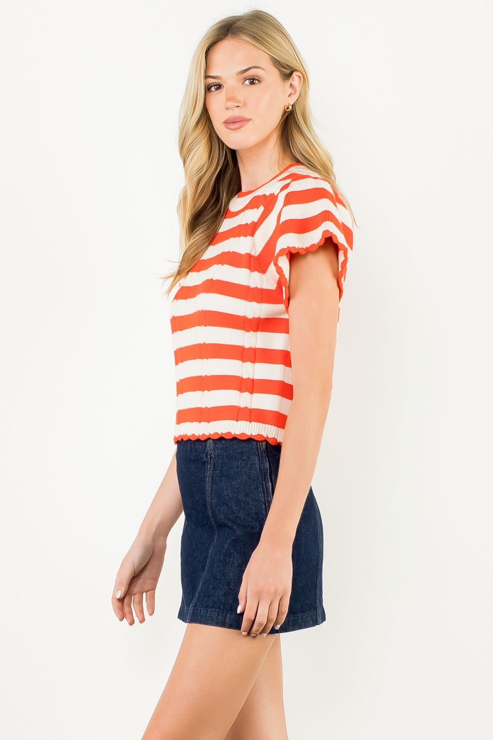 Short Sleeve Stripe Sweater—Orange/White