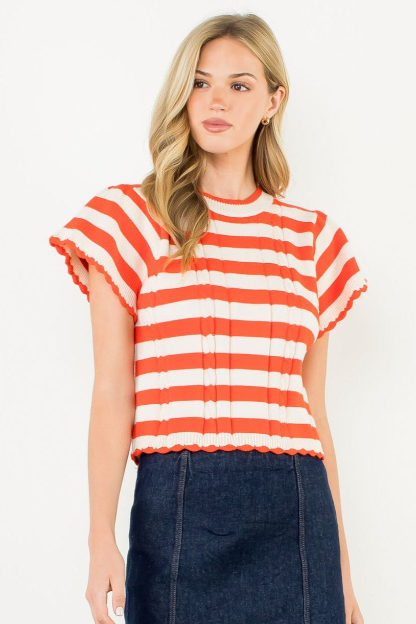 Short Sleeve Stripe Sweater—Orange/White