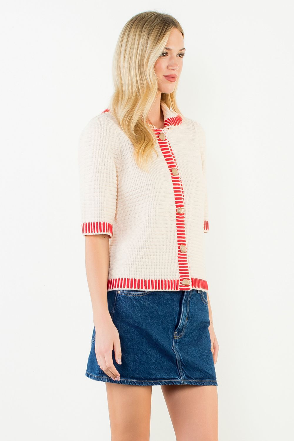 Short Sleeve Button Front Sweater- Cream