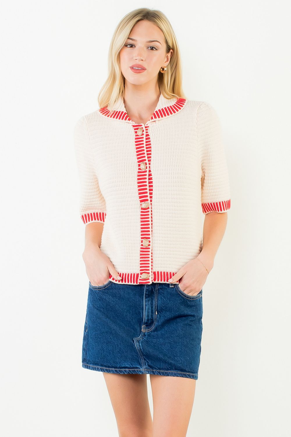Short Sleeve Button Front Sweater- Cream